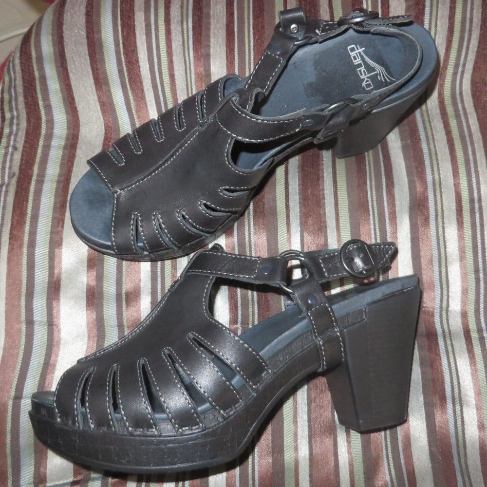 ❤️DANSKO Black Leather Rowena Laser Cut Mary Jane Slingback Clog Heels Sz 38 8